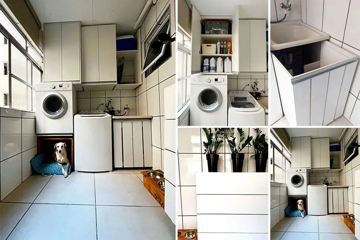 Lavanderia pequena planejada com armários sob medida, espaço para máquina de lavar e secadora, bancada com tanque embutido, nicho para cachorro com caminha, prateleiras organizadoras e plantas decorativas. Solução inteligente para lavanderia funcional e pet-friendly em apartamento.